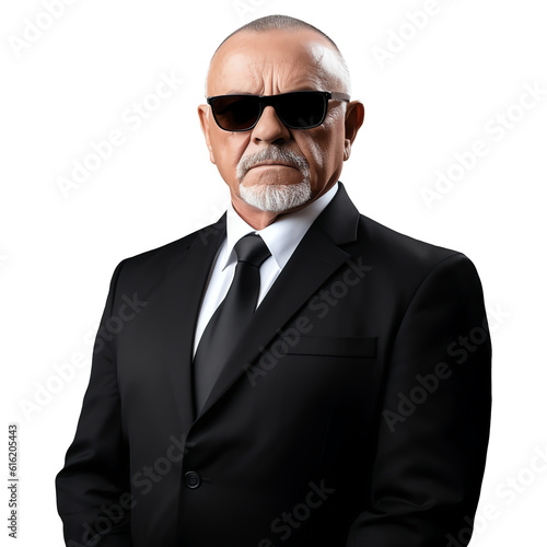 Valokuvatapetti Serious bodyguard mature man beard dark sunglasses isolated - Generative AI