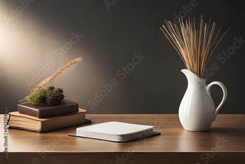 Modern organic shaped vase with dry flowers, grass, reed on old books. Cup of coffee, tea. Horizontal wooden picture frame, poster mockup on wooden table, desk. Home staging generated by Ai