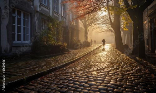  a person walking down a cobblestone street in the early morning sun with a person walking down the street in the distance with a tree in the foreground. generative ai