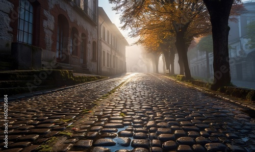  a cobblestone street with trees on both sides of the street in the early morning sun shining through the foggy sky on a cobblestone street.  generative ai photo