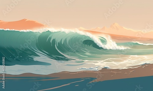  a painting of a wave in the ocean with a mountain in the background and a sky in the foreground with a light orange sky.  generative ai © Anna