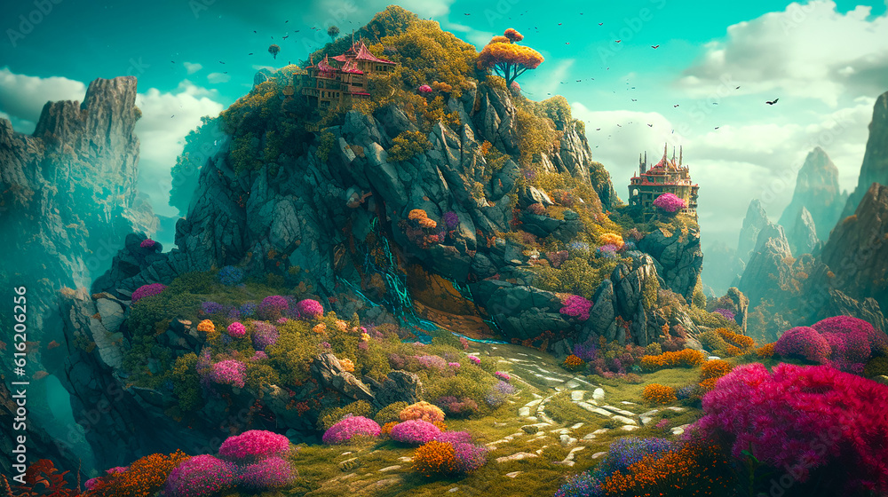A wild and colorful fantasy journey through a surreal dreamlike landscape.