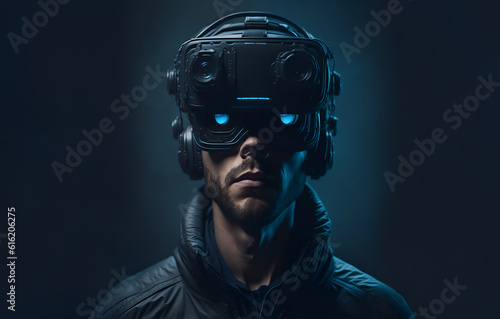 Man wearing night vision device on dark background ready for night combat
