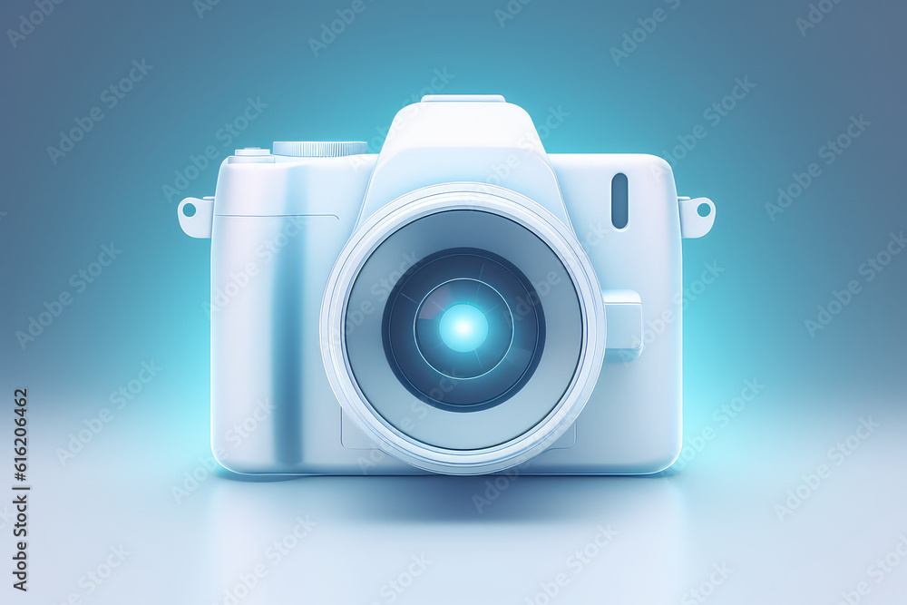 Cute camera ui icon, blue frosted glass plastic style. Simple 3d photo camera on pastel background. Front view. Generative AI 3d rendering illustration imitation. Cute camera ui icon, blue frosted glass plastic style. Simple 3d photo camera on pastel background. Front view. Generative AI 3d rendering illustration imitation.