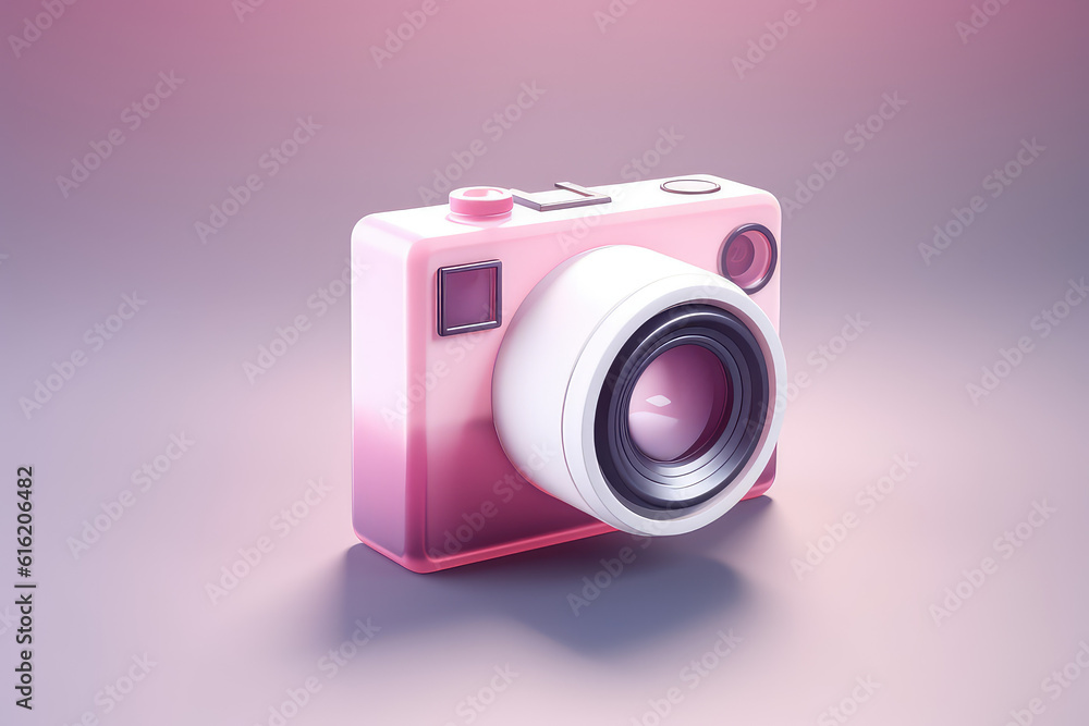 Cute trendy camera ui icon, pink frosted glass plastic style. Simple 3d photo camera on pastel background. Generative AI 3d render illustration imitation. Cute trendy camera ui icon, pink frosted glass plastic style. Simple 3d photo camera on pastel background. Generative AI 3d render illustration imitation.