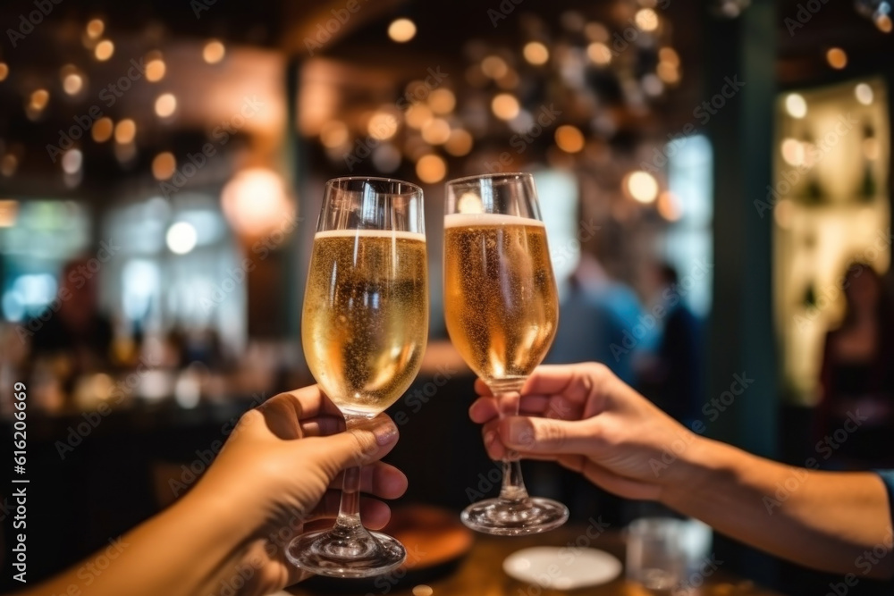 Cropped image of two persons cheering glasses with champagne, blurred restaurant on background, ai generative