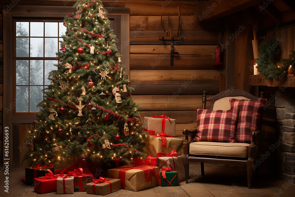 Christmas tree with presents in farmhouse with a chair and plaid purple pillows Generative AI