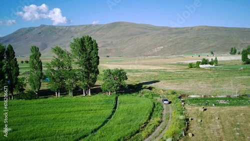 Drone video of Erzurum plain ,vast meadows, fields, mountains. for agriculture. photo