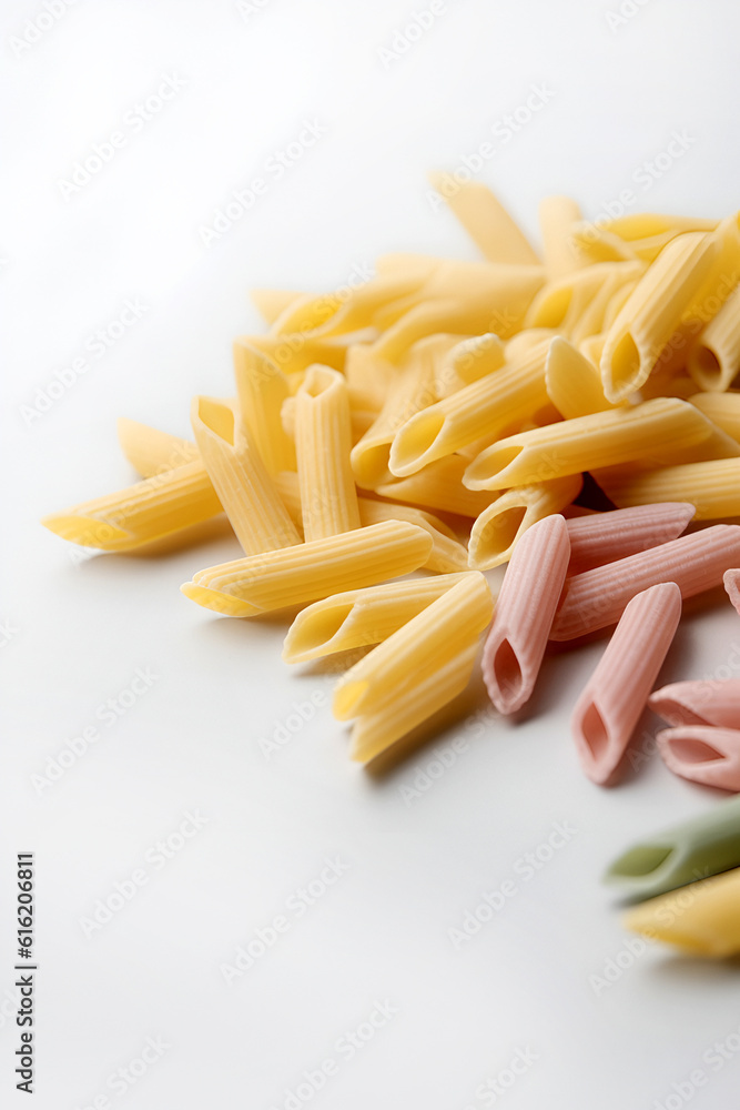 Raw penne pasta isolated on white background. AI generated Raw penne pasta isolated on white background. AI generated