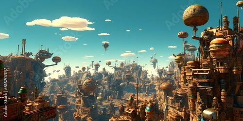 landscape of a futurist city with hot-air balloon (Generative AI)