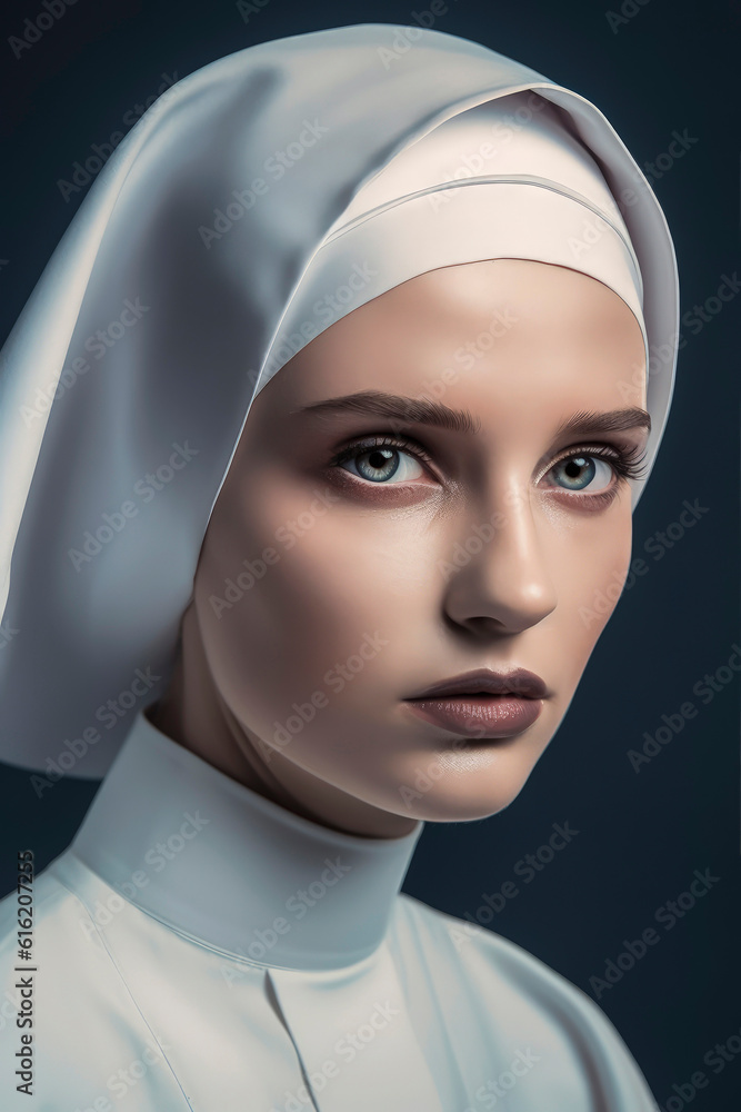 Generative AI Illustration of Portrait of Young woman nun of catholic religion in attitude of peace and prayer Generative AI Illustration of Portrait of Young woman nun of catholic religion in attitude of peace and prayer