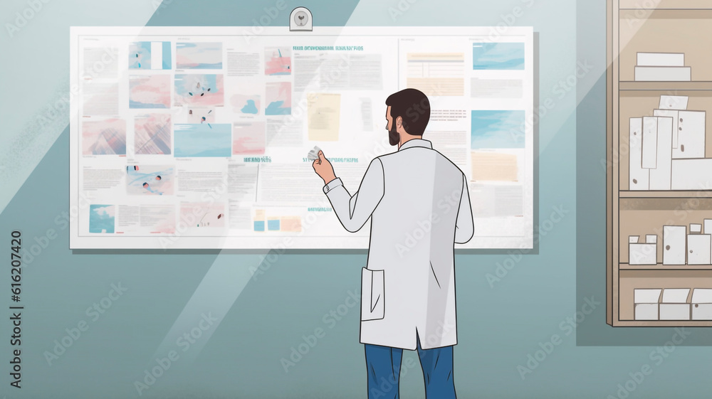 The picture shows a doctor wearing a white lab coat, standing in front of a wall or bulletin board.
The picture shows a doctor wearing a white lab coat, standing in front of a wall or bulletin board.