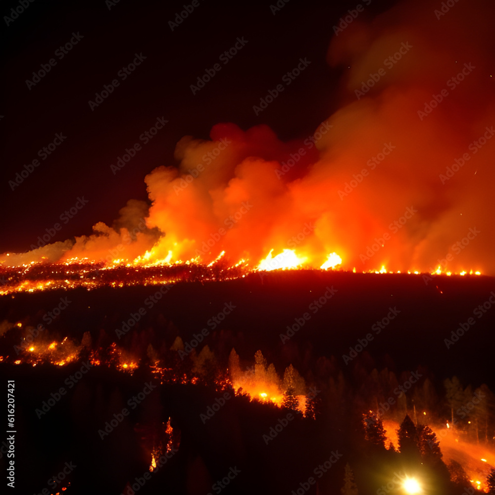 Massive forest fire, strong flames, forest fires with a lot of smoke and fire at night. A wildfire, forest fire, bushfire, wildland fire is an uncontrolled and unpredictable fire. generative AI