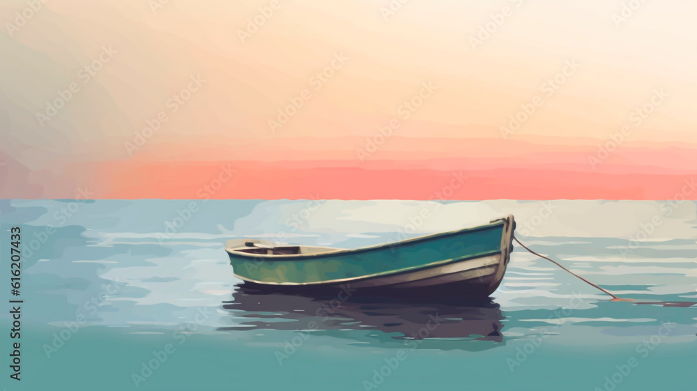 Boat at sea, minimalist style, early morning
