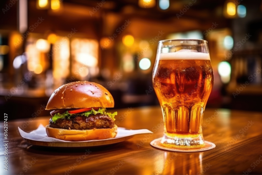 Burger with glass of a beer in a pub. AI generative Burger with glass of a beer in a pub. AI generative