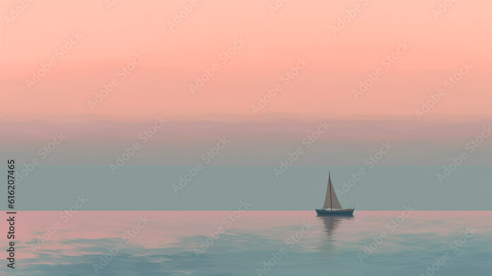 Fototapeta premium Boat at sea, minimalist style, early morning 