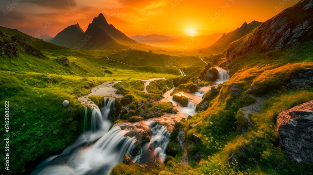 The waterfalls and mountains in a valley set against sunset
