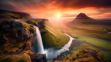The waterfalls and mountains in a valley set against sunset
