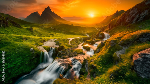 The waterfalls and mountains in a valley set against sunset  © Yuriy Maslov