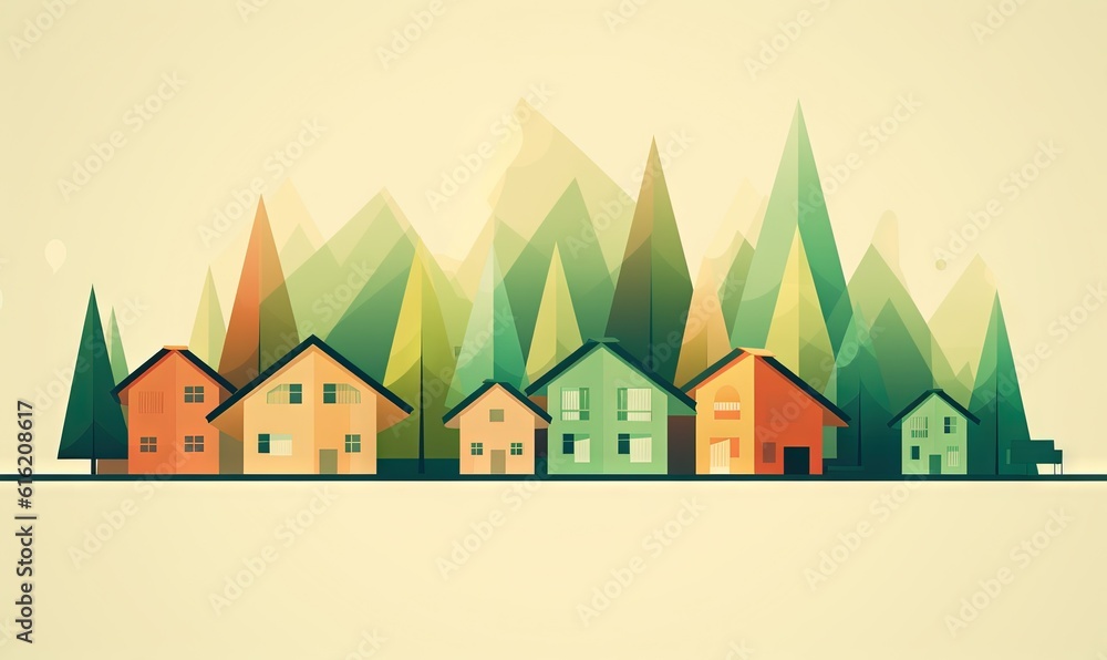  a row of houses in a forest with trees on the side of the road and a sky background with a few clouds in the sky.  generative ai