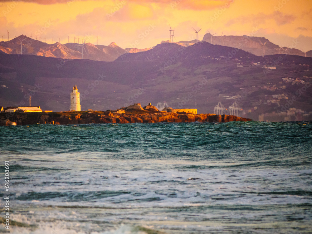 Sea coast and Tarifa town on skyline, Spain