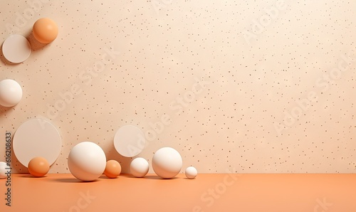  a group of eggs sitting on top of a table next to a wall with a wallpapered wall behind it and a few eggs flying in the air.  generative ai