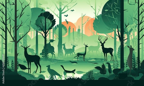  a group of deer in a forest with trees and bushes in the foreground, and a sunset in the background, with the sun shining through the trees. generative ai
