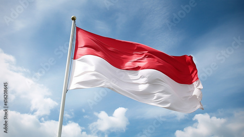 red and white Indonesian flag waving at the blue sky generative ai photo