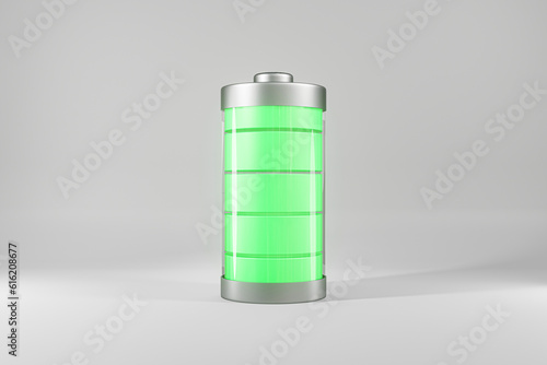 3D render of battery with green charging level indicator on white studio background. illustration 3d of power source charging concept.