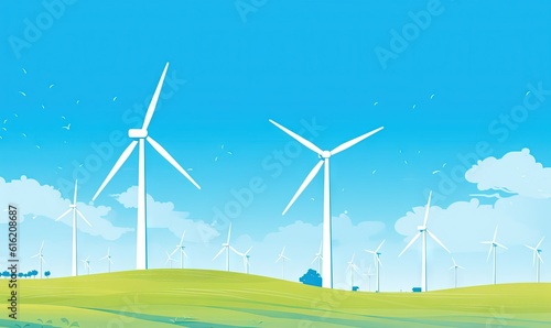  a group of windmills in a field with a blue sky in the background and clouds in the foreground, with a blue sky and green field in the foreground. generative ai