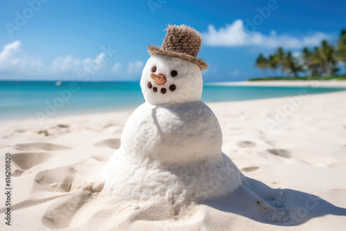 snowman made with sand on a tropical beach. Christmas concept on the beach