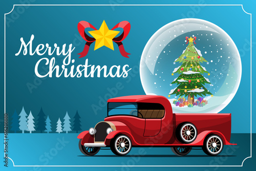 Merry Christmas Vector illustration Retro pickup truck Vintage style with christmas tree.