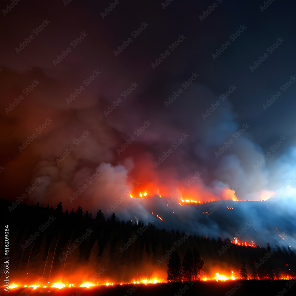 Massive forest fire, strong flames, forest fires with a lot of smoke and fire at night. A wildfire, forest fire, bushfire, wildland fire is an uncontrolled and unpredictable fire. generative AI