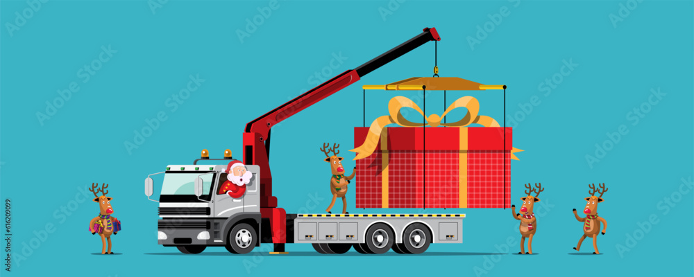 Reindeer and Santa bring a giant gift box truck to the recipient.