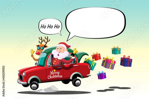 Santa Claus drives a automobile to deliver Christmas presents to children around the world.