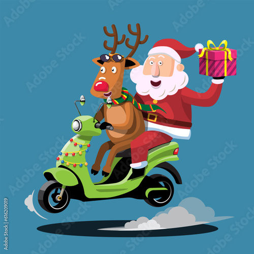 Santa Claus and reindeer drives a motorcycle to deliver Christmas presents to children around the world.