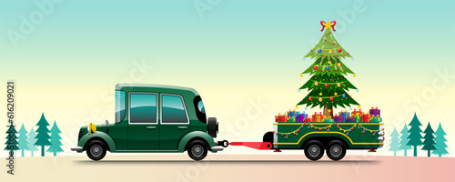 Merry Christmas Vector illustration Retro pickup truck Vintage style with christmas tree.