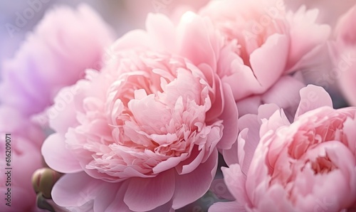  a close up of a bunch of flowers with pink flowers in the middle of the picture and a blurry background behind the flowers is a soft focus. generative ai