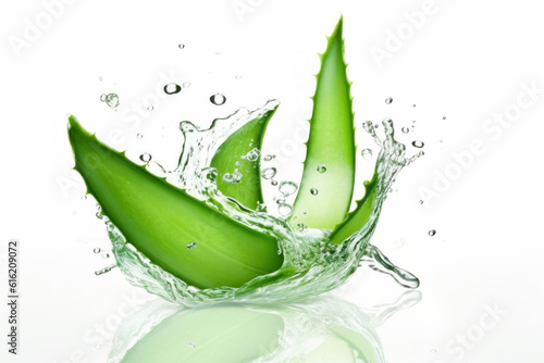 Aloe vera with water splashes on white background. AI generative