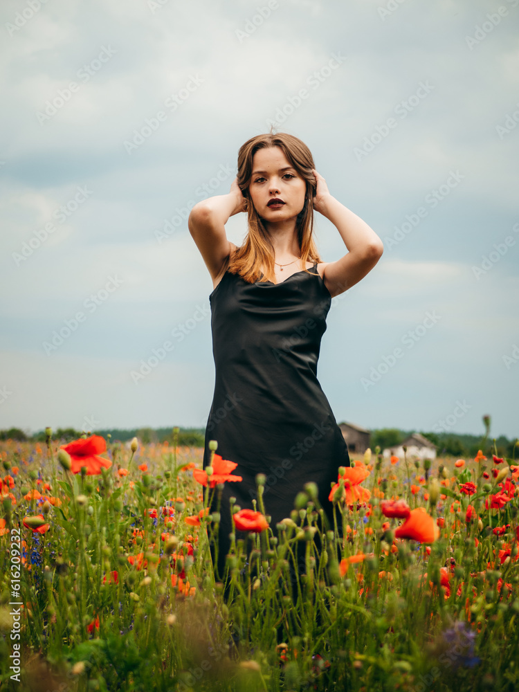 Beautiful young girl in a black evening dress posing against a poppy field on a cloudy summer day. Portrait of a female model outdoors. Rainy weather. Gray clouds. Vertical shot. Beautiful young girl in a black evening dress posing against a poppy field on a cloudy summer day. Portrait of a female model outdoors. Rainy weather. Gray clouds. Vertical shot.