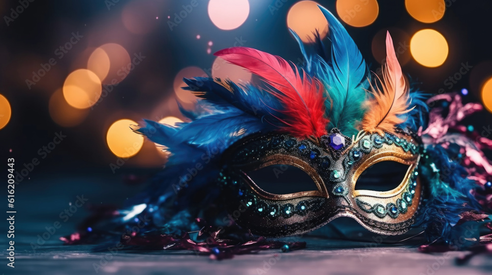 Carnival Party. Venetian mask banner with defocused bokeh lights. AI generative