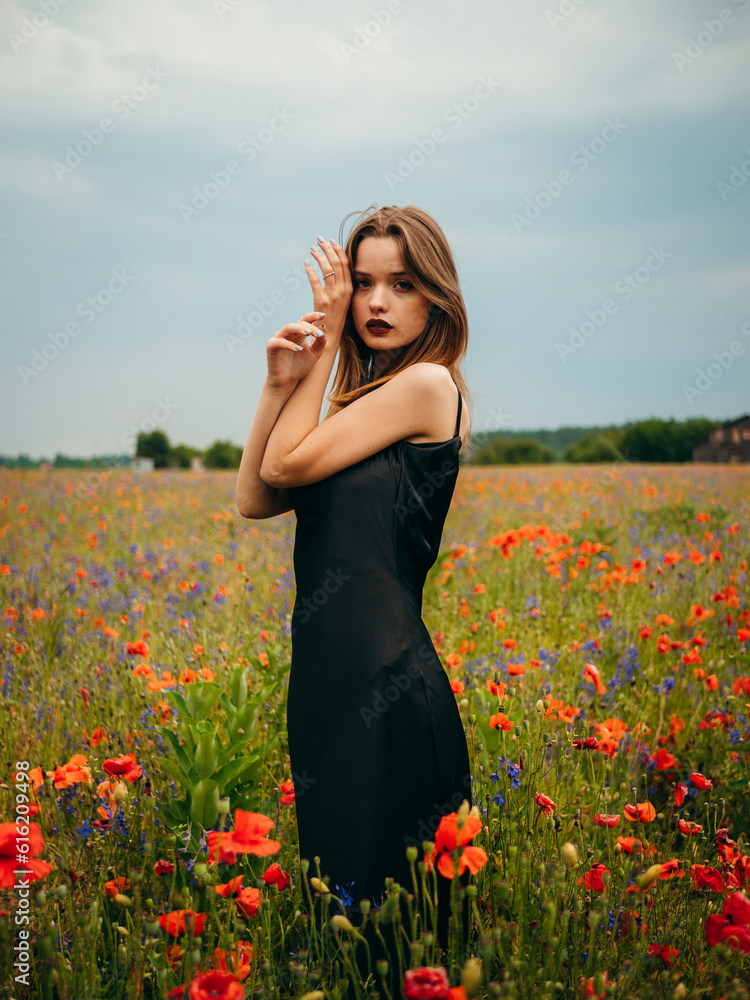 Beautiful young girl in a black evening dress posing against a poppy field on a cloudy summer day. Portrait of a female model outdoors. Rainy weather. Gray clouds. Vertical shot. Beautiful young girl in a black evening dress posing against a poppy field on a cloudy summer day. Portrait of a female model outdoors. Rainy weather. Gray clouds. Vertical shot.