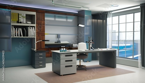 modern office interior with kitchen