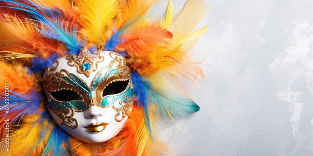 Carnival Party. Venetian mask banner on white background. AI generative