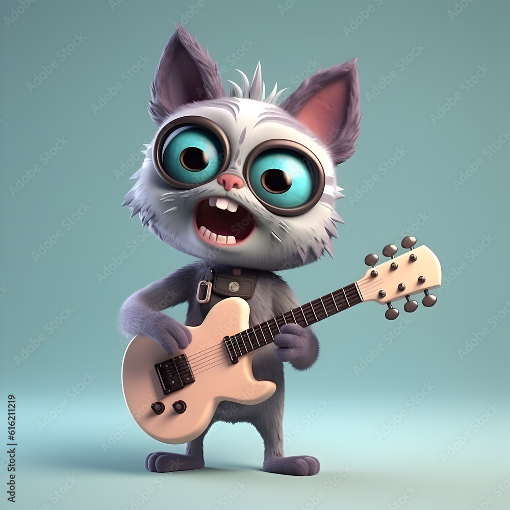 3D illustration. The cartoon cat 3D character is playing guitar while singing. 3D Cartoon Character. generative AI content