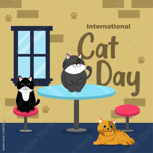 Vector Cute International Cat Day Flat Hand Drawn theme Cat House 3 Illustration