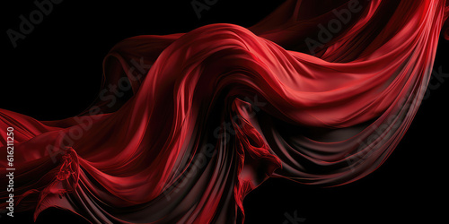 Red drape falling like wings isolated on black flat background. A beautiful red fabric with pleats floats in the air. The texture of the burgundy fabric sweeps. Generative AI photo imitation. 