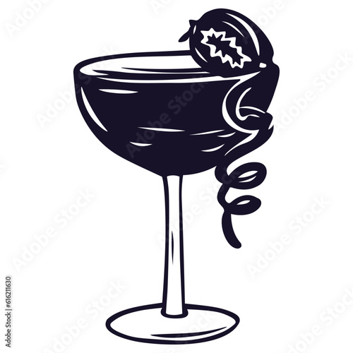 Summer refreshing coctail with strawberry. Hand drawn graphic vector ink sketch of summer alcoholic drink 