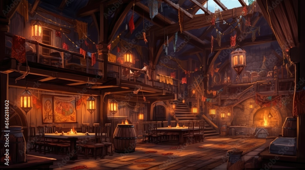 The tavern inn has a cozy medieval fantasy theme for adventurers. (Illustration, Generative AI) - obrazy, fototapety, plakaty 