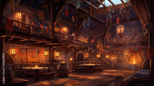 The tavern inn has a cozy medieval fantasy theme for adventurers.  Illustration  Generative AI 